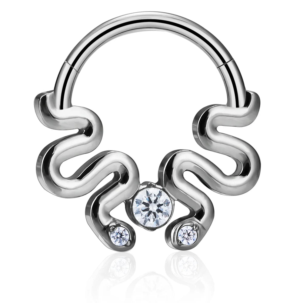 ASTM F136 Titanium Double Snakes Shape Zircon Inlay Silver Plated Punk Style High Grade Nose Ring Earring Body Piercing Jewelry