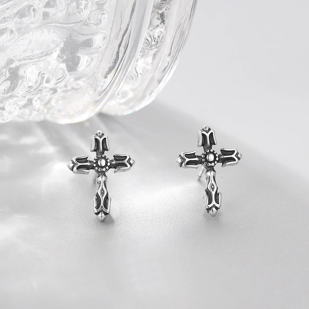 Simple 925 Sterling Silver Retro Cross Stud Earrings Hypoallergenic Fashion Accessory for Anniversaries