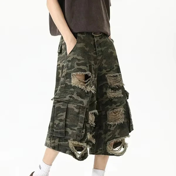 MC BUILD Acid Wash Bermuda Men's Tactical Jorts Summer Homme Distressed Baggy Denim Shorts for Men Cargo