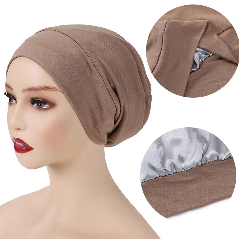 Custom Satin Lining Cotton Outer Underscarf Cap Jersey Inner Hijab Stretchy Muslim Hijab Undercaps With Satin Lined