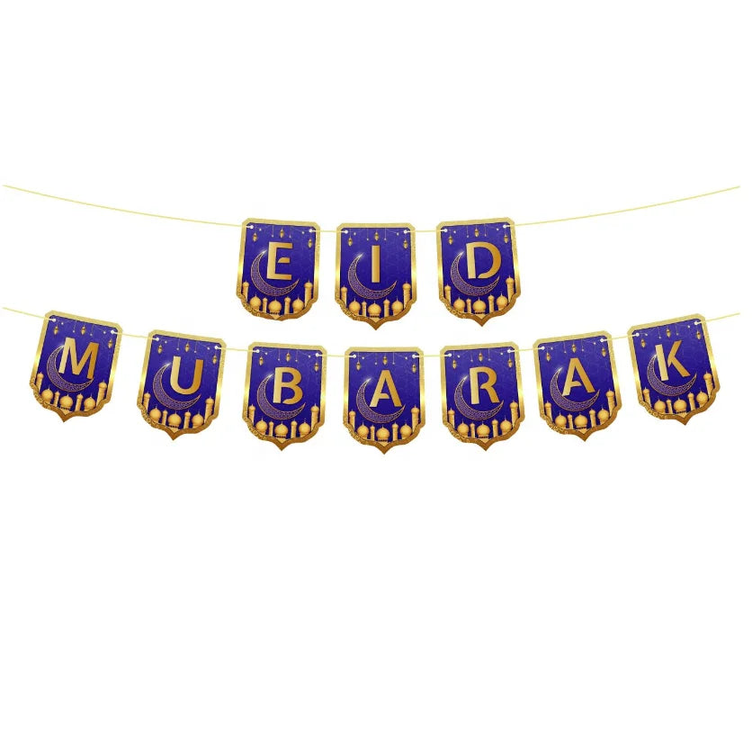 Pafu Islamic Muslim Ramadan Party Wall Hanging Decorations Blue Eid Celebration Bunting Banner Eid Mubarak Banner