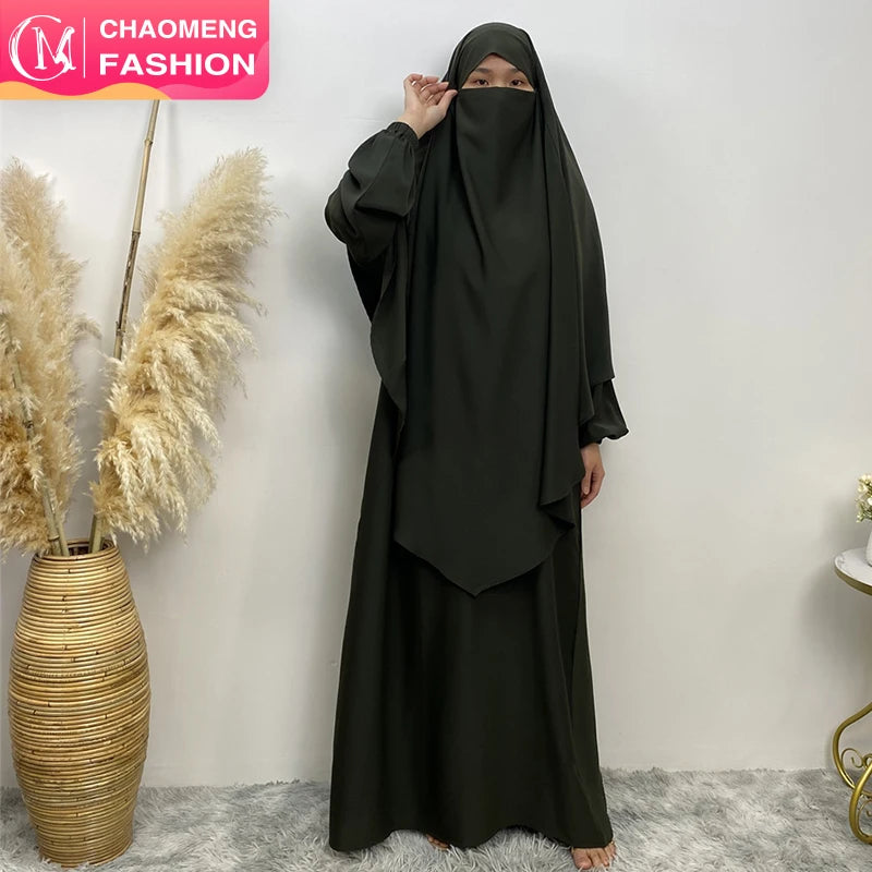 2231# Muslim Jilbab 2 Pieces Set Solid Color Nida Khimar Prayer Dress Sets Long Khimar Ramadan Abayas Sets 11 Colors