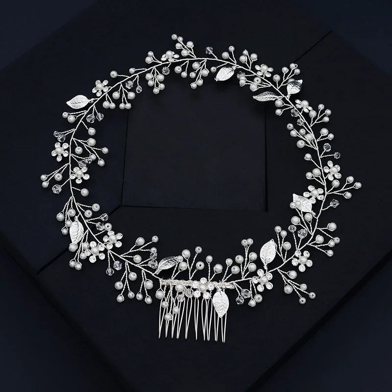 SLBRIDAL Handmade Wired Alloy Rhinestones Pearls Crystal Leaf Bridal Headband Wedding Headpieces Hair Accessories Women Jewelry