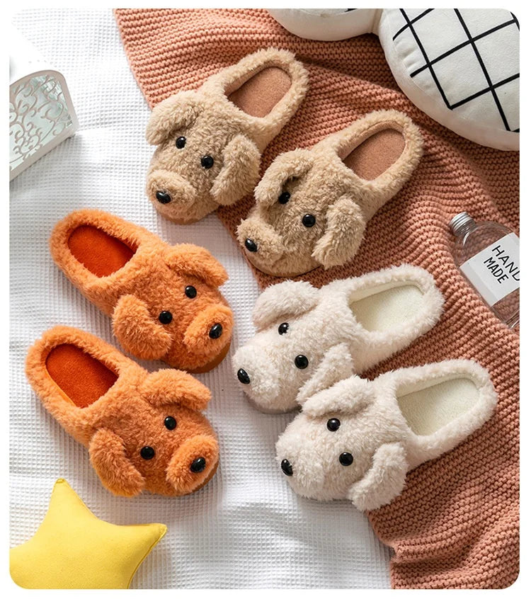 Autumn Winter Indoor Home Dog Plush Slippers for Women New Design Cartoon Animals Soft Cotton with EVA Insole and Fur Lining