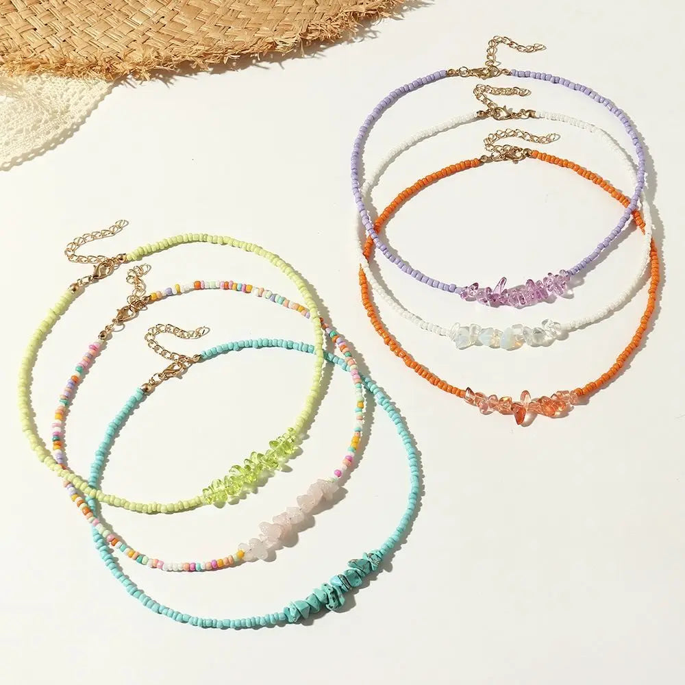 Popular Handmade Boho Summer Glass Rice Seed Beads Natural Stone Turquoise Rose Quartz Chips Charm Necklace Women Jewelry