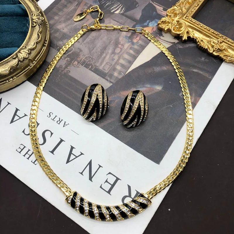 Classic Black Gold Snake Chain Necklace Earrings Set Vintage Gold Plated Diamond Setting Luxury Necklace for Women