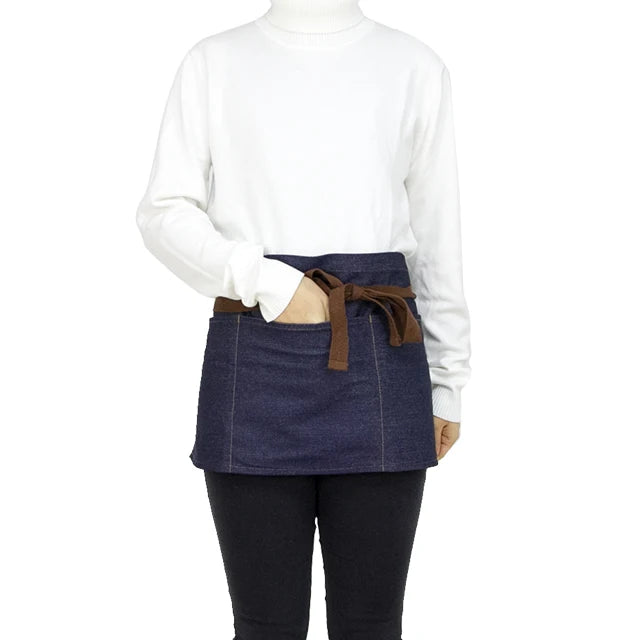 KEFEI Customized Logo Grilling Waist Apron Uniform Black Blue Three Pockets Apron for Embroidery Cafe Chef Half Apron