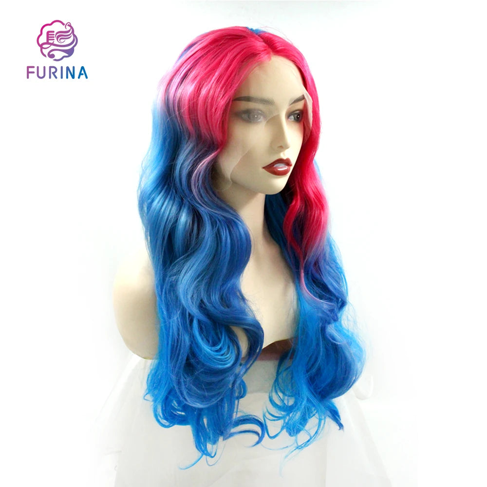 Furina Cheap Factory Price Synthetic Lace Front Wig Long Curly Hair Ombre Colorful Wavy Wig Cosplay Costume Wig for Women