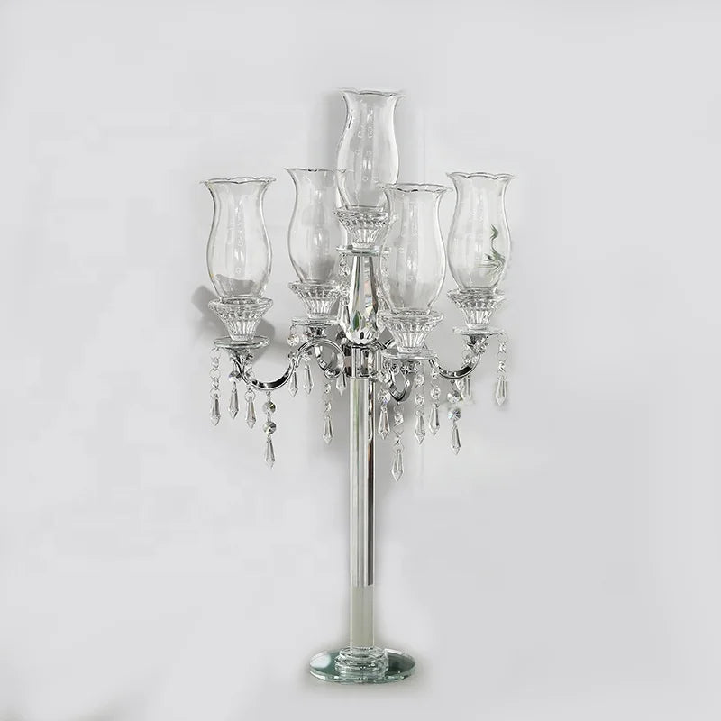 Wholesale High Glass Candle Holder Crystal Glass Candlestick 5 Arm Crystal Candelabra for Wedding Table Centerpieces