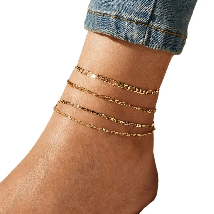 Fashion Simple Design 4 Pcs Set Gold Plated Mixed Diverse Chains Foot Jewelry Anklets Set for Women