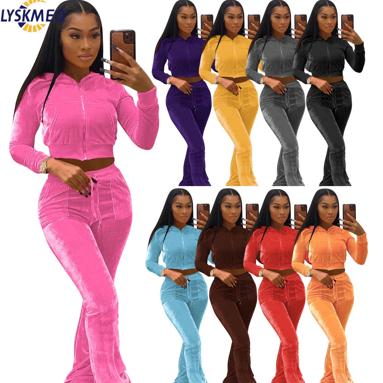 Winter Women's Hoodie Zipper Pocket Crop Top Jacket Flare Pants Velvet Jogging Sweatsuit Velour Tracksuits Women Two Piece Sets
