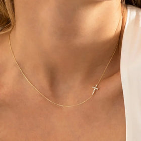 Dainty Pure Silver Fine Religious Jewelry 925 Sterling Silver 18k Gold Plated Cubic Zircon Tiny Sideway Cross Necklace for Women