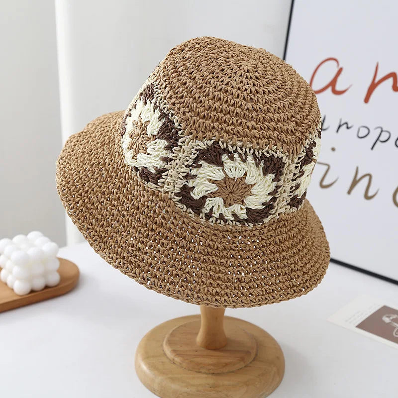 Handmade Adjustable Breathable Boho Bohemian Sun Hat Straw Flower Black Paper Bucket Straw Hat Woman