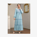 10% S-3XL Arabian Robe Light Blue Embroidered Ethnic Multi-layer Pleated Stitching Tassel Four Seasons Long Skirt
