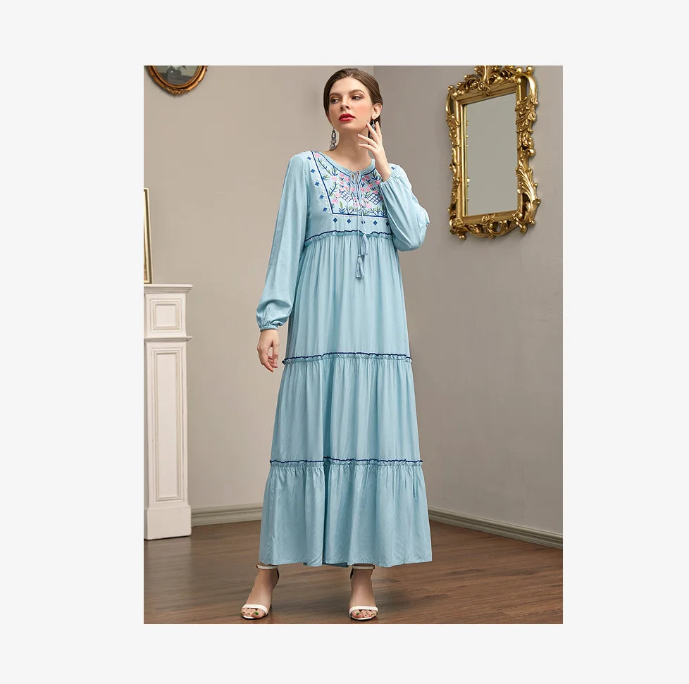 10% S-3XL Arabian Robe Light Blue Embroidered Ethnic Multi-layer Pleated Stitching Tassel Four Seasons Long Skirt
