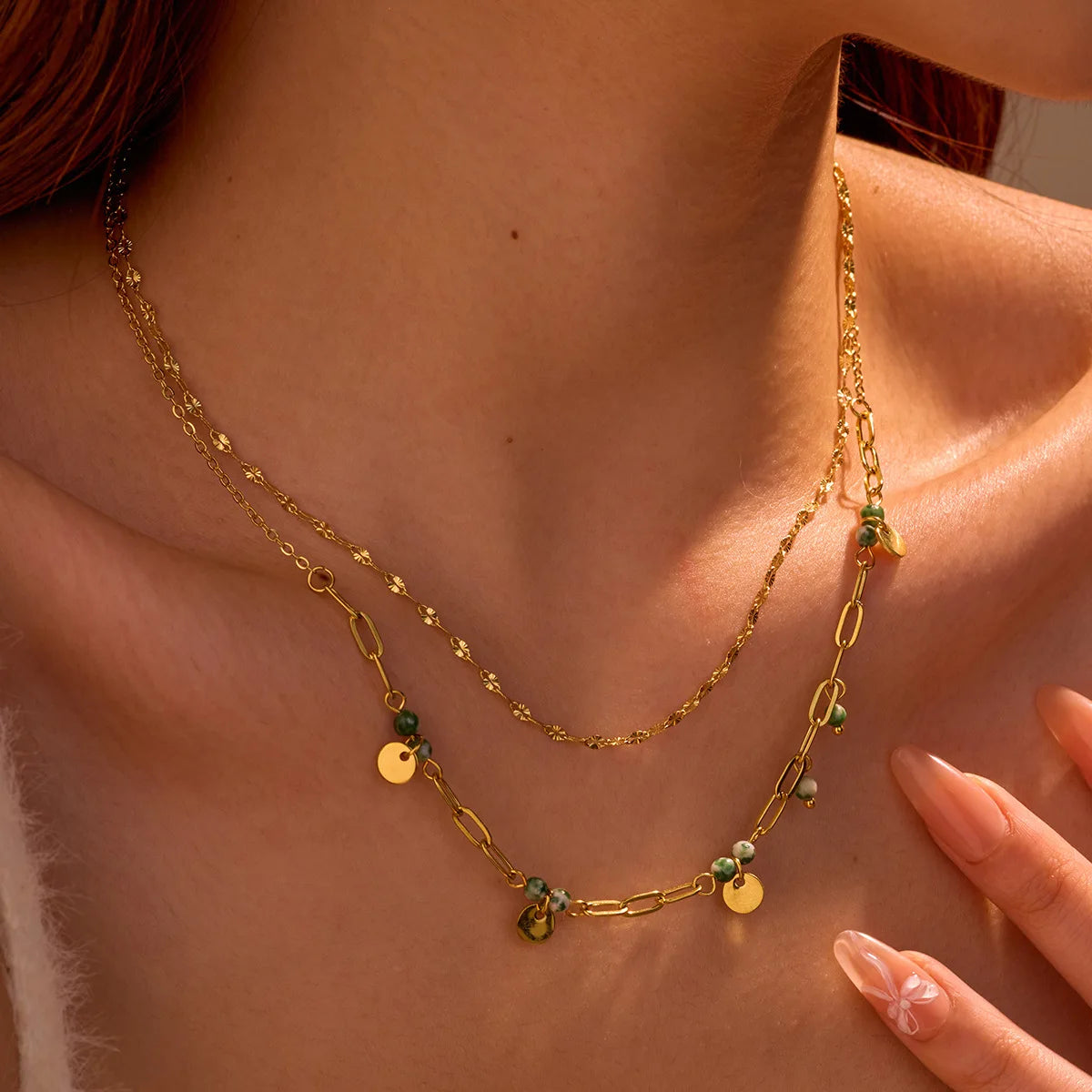 European and American Stainless Steel Necklace Natural Stone Double Pendant  Titanium Steel Collarbone Chain Necklace for Women