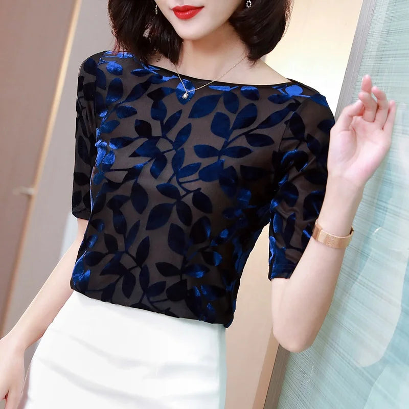 M-3xl Short Sleeve Women Shirt Fashion Summer Tops New Style Slash Neck Velvet T Shirt