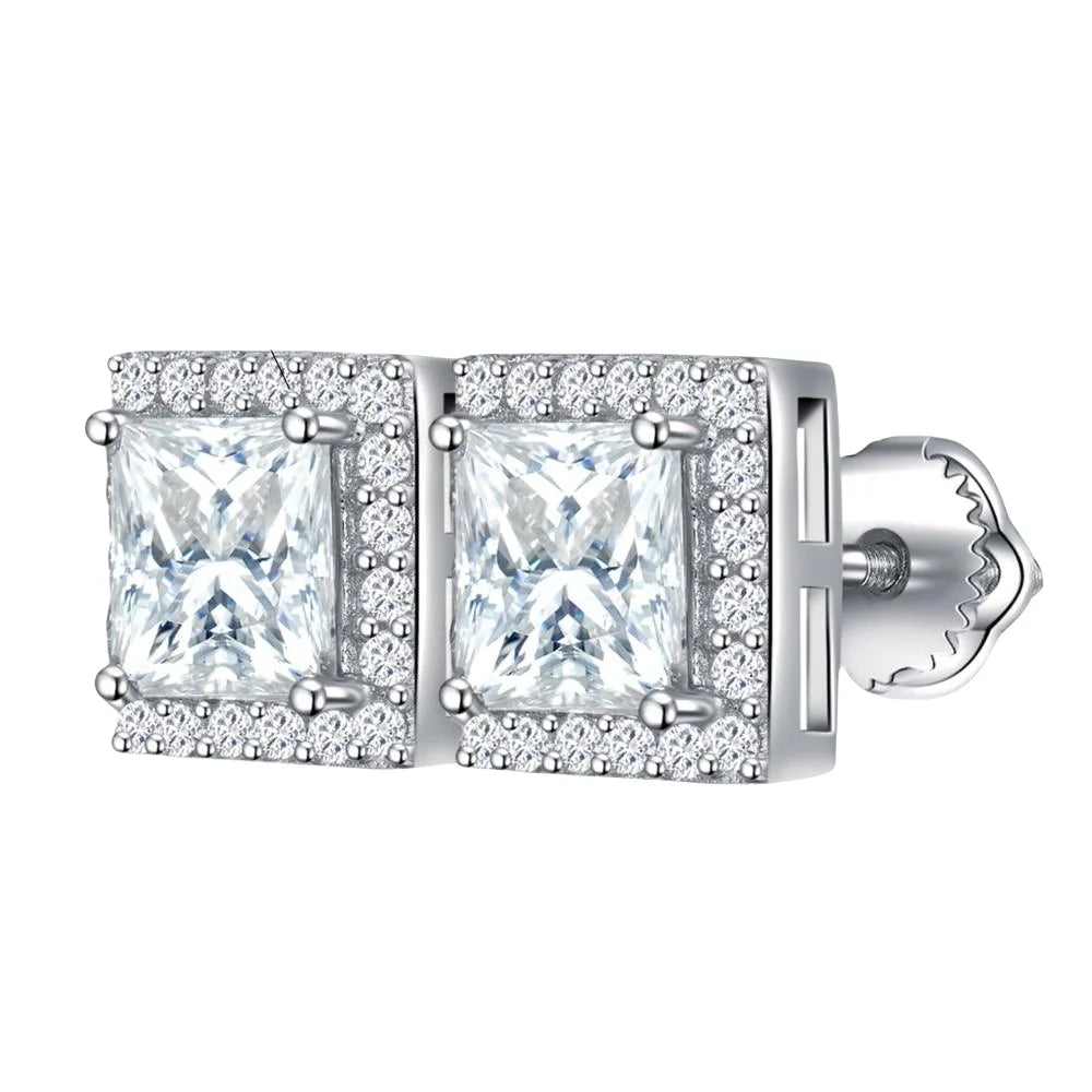 Princess Cut Rhodium-Plated Sterling Silver Moissanite Earring Studs Custom Logo Halo Women's Accessory