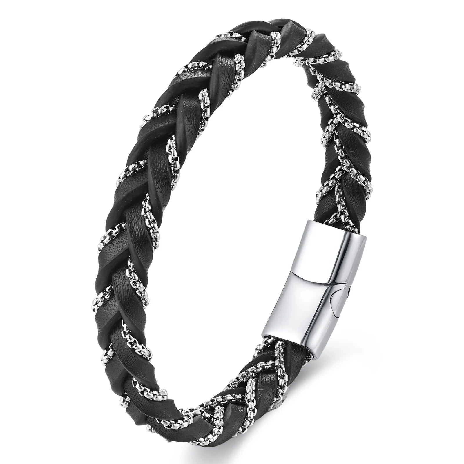Hot Sale Trendy Simple Design Stainless Steel Chain Braided Leather Bracelet Magnetic Clasp Leather Bangle Unisex Jewelry