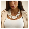 Women's Fashion Chunky Three-Layer Imitation Pearl Beads Necklace and Earrings Set Statement Jewelry for Wedding Occasions