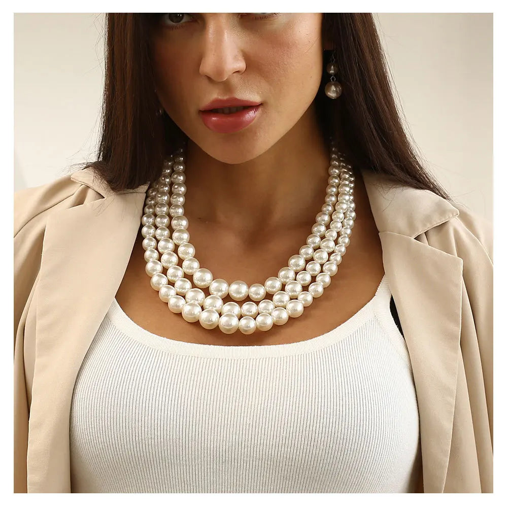 Women's Fashion Chunky Three-Layer Imitation Pearl Beads Necklace and Earrings Set Statement Jewelry for Wedding Occasions