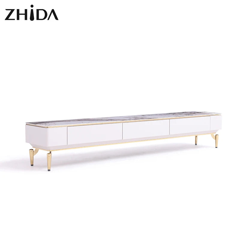 Luxury Design Living Room Furniture TV Cabinet with Large Storage Gold Metal Leg Marble Top TV Stand