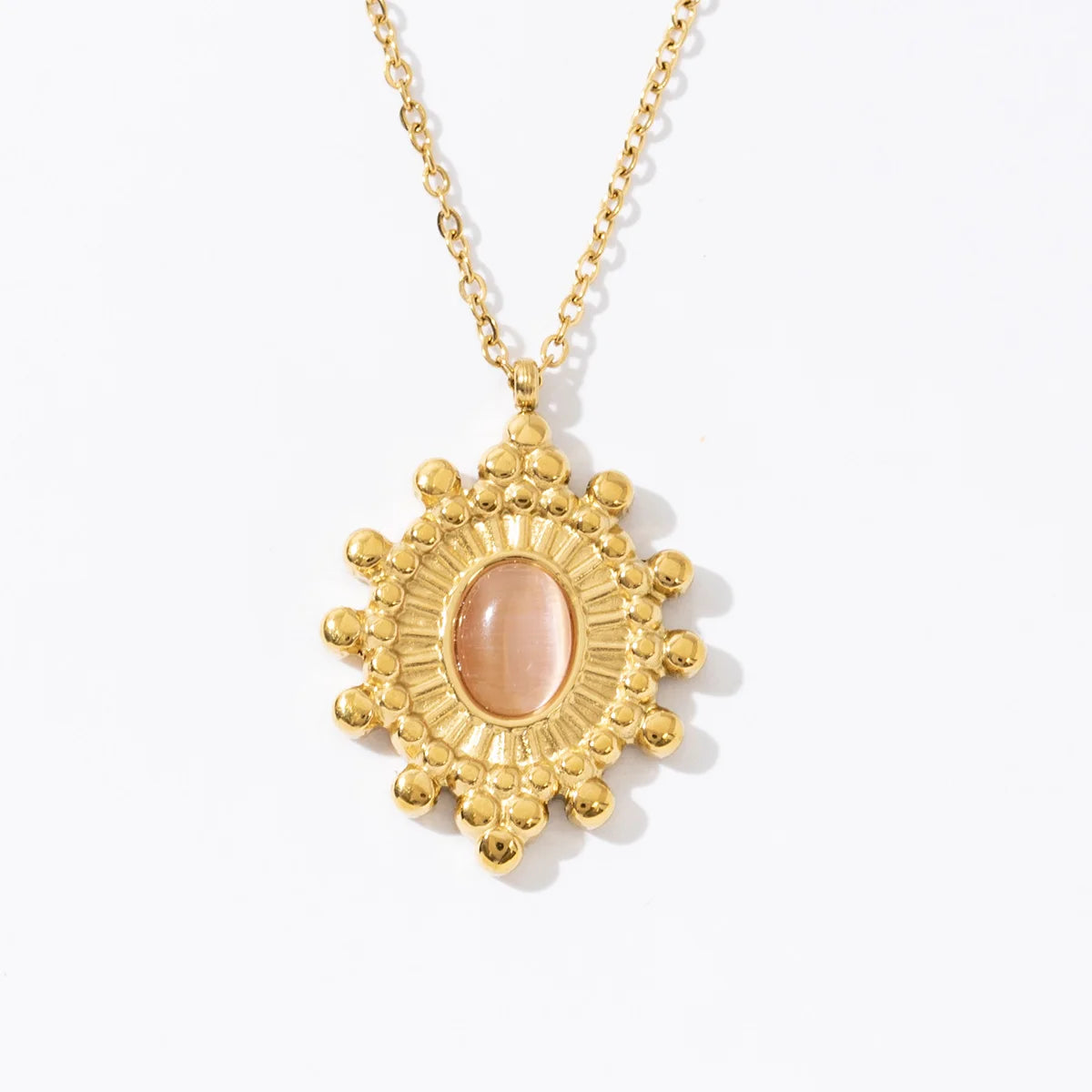 French Elegant Vintage Design 18K Gold Stainless Steel Retro Oval Pink Stone Pendant Necklace
