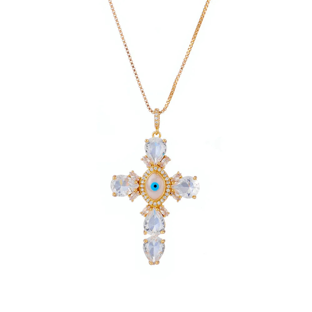 New European Retro Exquisite Gold Plated Zircon Necklace Devil Eye Cross Pendant Necklace for Women
