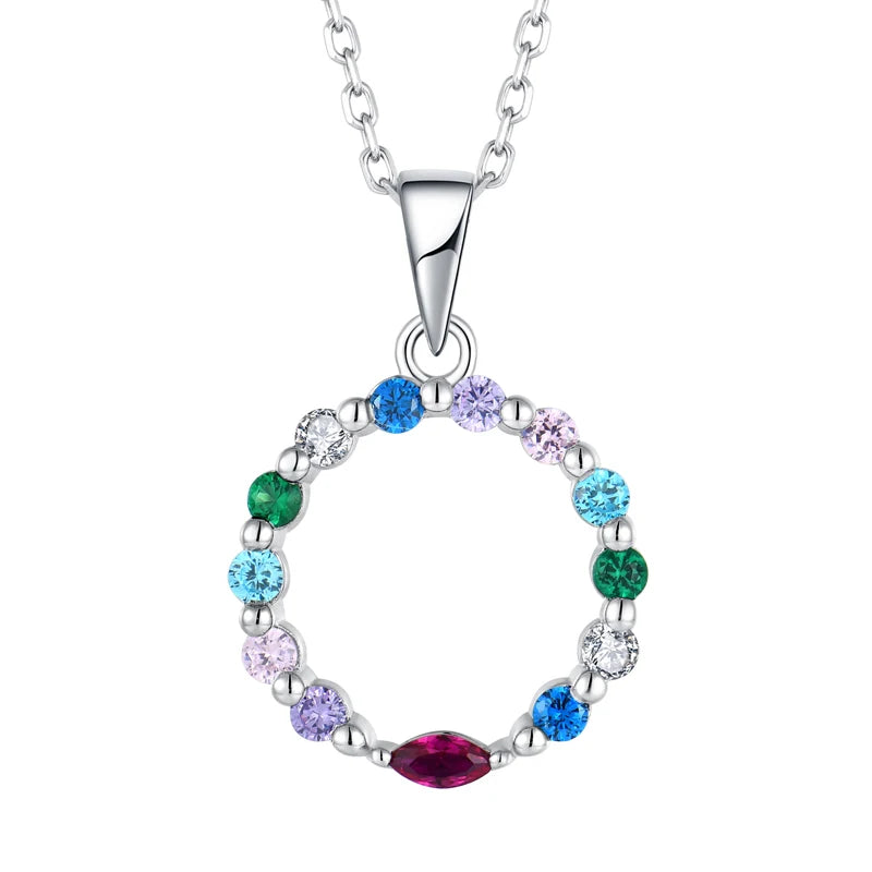 Elegant 925 Sterling Silver Circle Pendant Necklace Rhodium Plating Colorful CZ Gems Design Necklace for Women's Fashion Jewelry