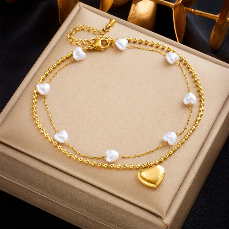 New Arrival Non Tarnish Double Layer 18k Gold Plated Stainless Steel Heart Pearl Anklets for Women