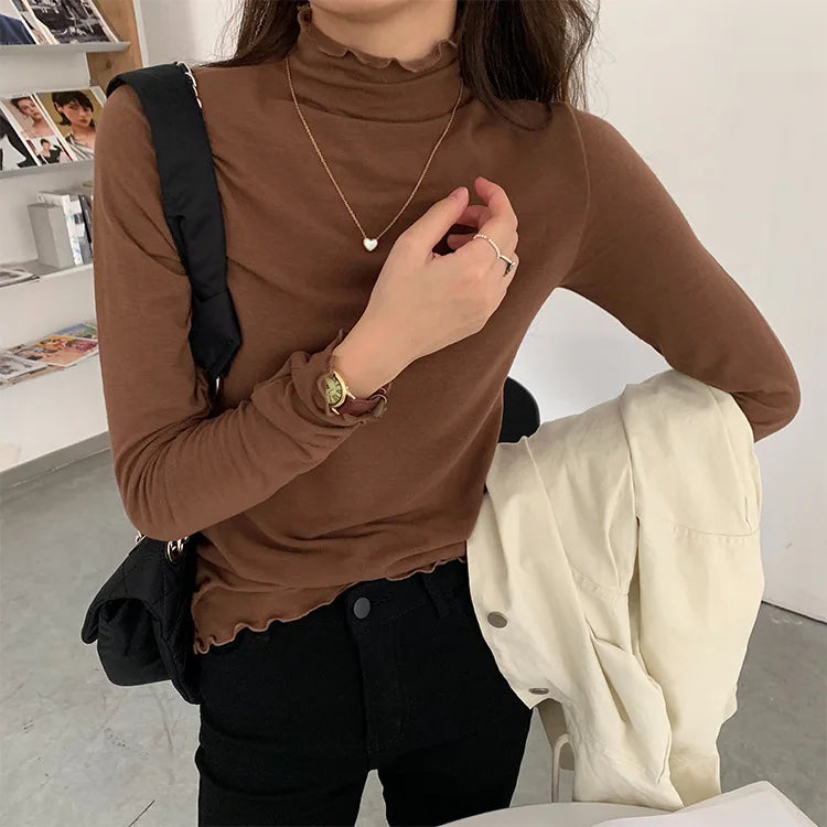 Women Autumn Winter Inner Wear Turtleneck Tshirt Solid Elastic Bodycon T-shirt Flower Collar Vintage Tops Aesthetic Korean Cute