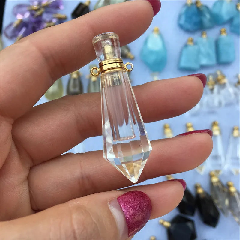 Clear Quartz Perfume Bottle Pendant Pointed Magical Medicine Bottles Essential Oils Diffuser Charm