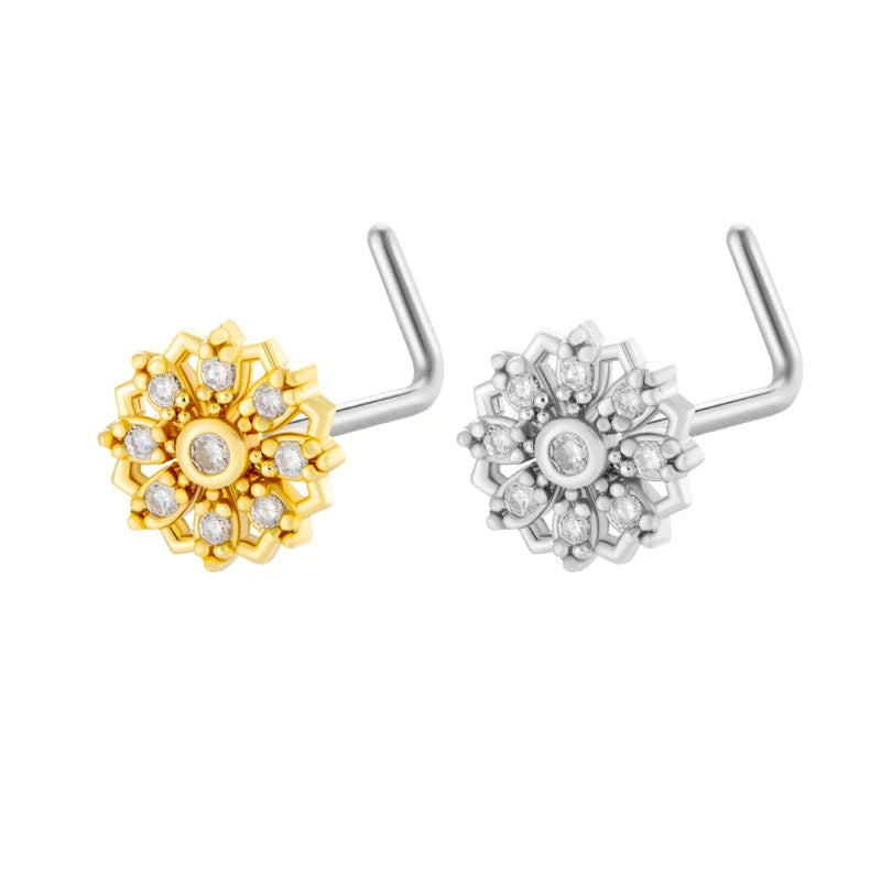 HENGSEN Gold Plated Stainless Steel L Stick Nose Piercing Jewelry Cubic Zirconia Flower Nose Stud for Women 285-4-L