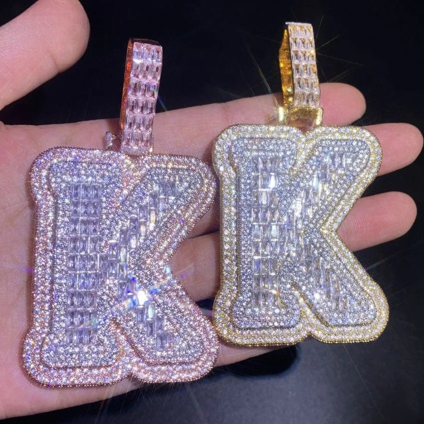 Men's Iced Out Initial Necklace Pendant Big Size Baguette Letter A-Z Gold Plated Alphabet Jewelry for Gift