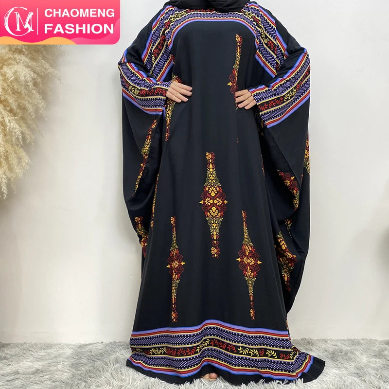 6427# Traditional Colorful Pattern Print Big Batwing Sleeves Women Ramadan Prayer  Muslim Islamic Abaya Dress Eid