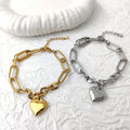 Non-Tarnish Waterproof 18K Gold Plated Stainless Steel Heart Charm Trendy Chunky Paper Clip Chain Bracelet for Women Party