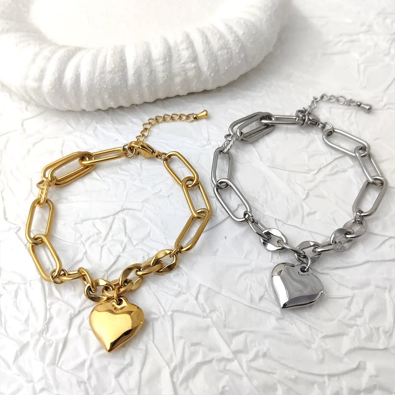 Non-Tarnish Waterproof 18K Gold Plated Stainless Steel Heart Charm Trendy Chunky Paper Clip Chain Bracelet for Women Party
