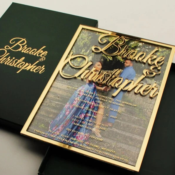 Custom Uv Printing Acrylic Wedding Invitation With Velvet Box With Picture Framed Quinceanera Gold Invitation Wedding