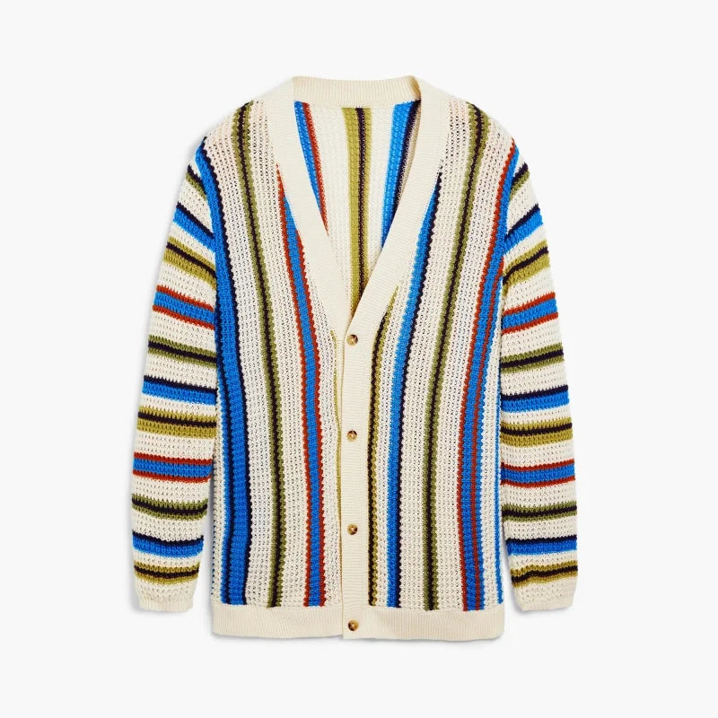Casual Style Men's Cardigan 100% Cotton Multicolor Vertical Stripe Jacquard Knitwear with Button Closure Knit Sweater