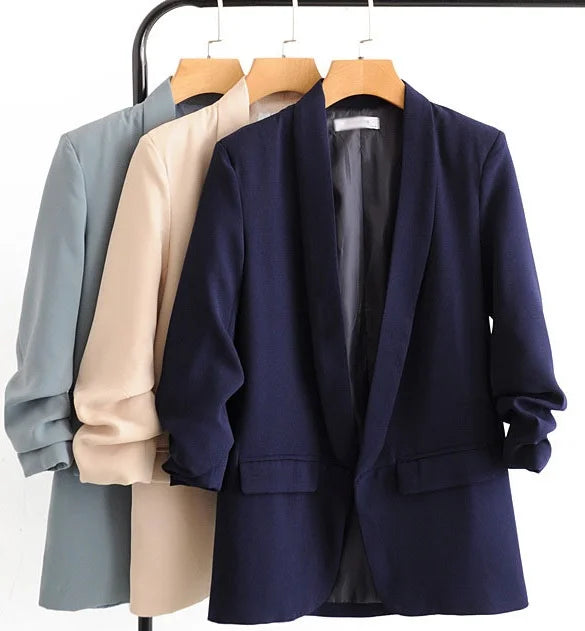 Women Fashion Office Wear Basic Blazers Coat Vintage Pleated Long Sleeve Pockets Female Outerwear Chic Tops