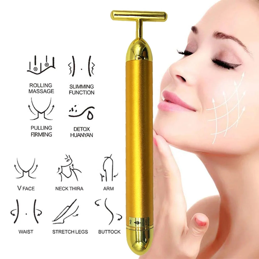 Dropshipping 24k Golden Pulse Electric Vibration T-Shape Face Massager for Facial Lifting