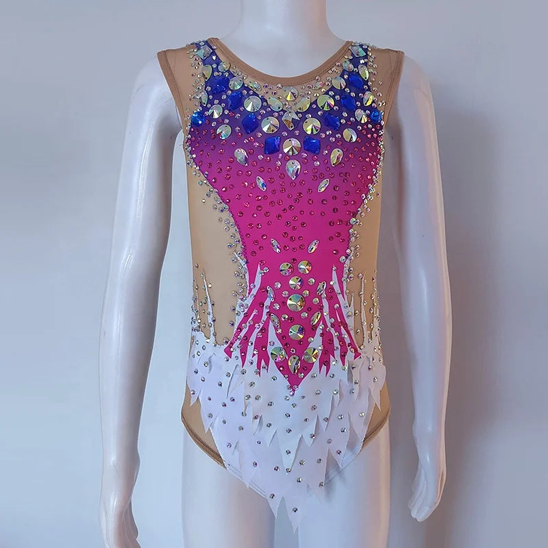 Women's Luxury Rhythmic Gymnastics Competition Performance Suit Crew Neck Sleeveless Leotard for Ballroom for Children