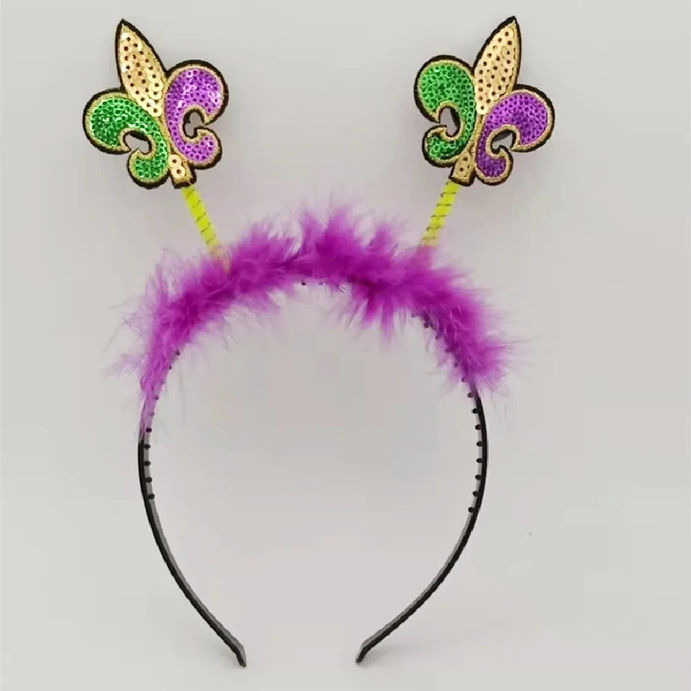HLC Custom Carnival Gold Green Purple Sequins Headband Madi Gras Fleur De Lis Iris Party Headbands for New Orleans Parade Party