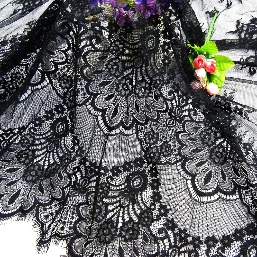 Elegant Black Soft Embroidery Eyelash Lace Fabric for Ladies Skirt LT20797