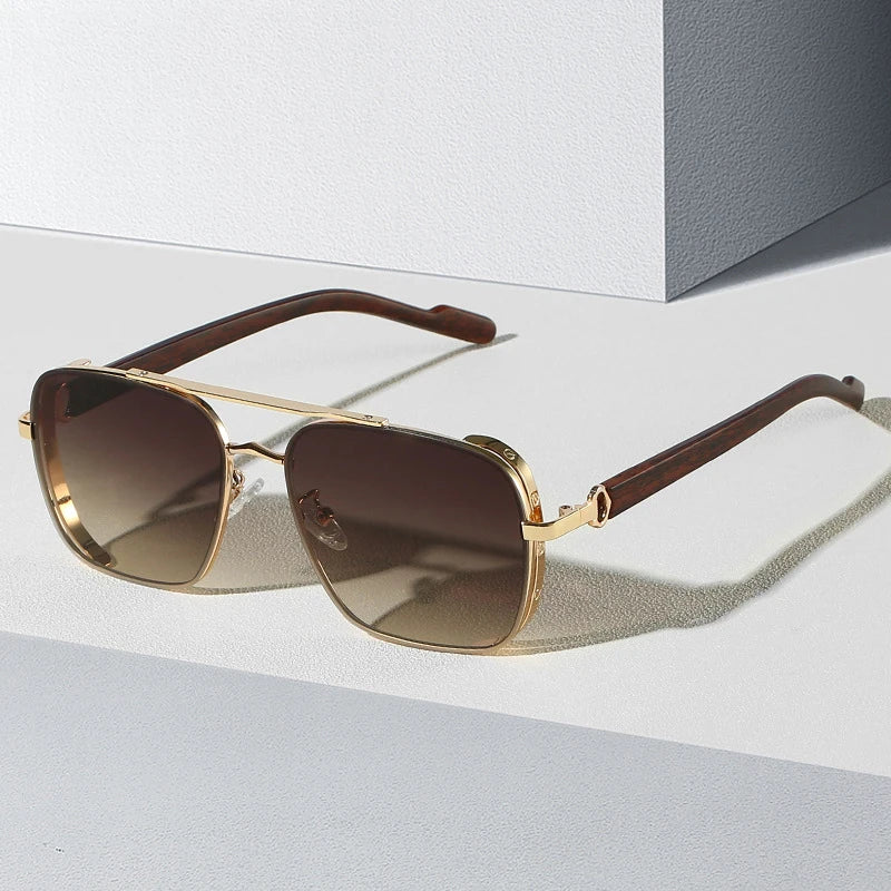 Streetwear Fashion Metal Big Frame Sun Glasses Luxury Lunette De Soleil Homme Uv400 Custom Logo Black and Gold Sunglasses Men