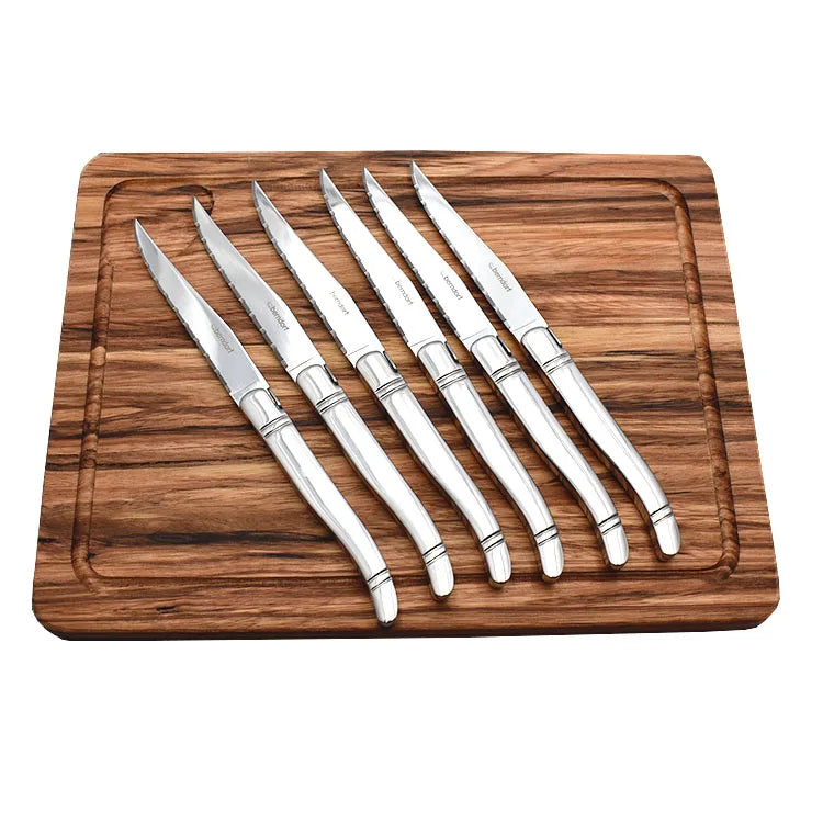 2025 New Launch Item 6-Piece Steak Knife Laguiole French Serrated Beef Knife Stainless Steel 3Cr14 Wooden Handle High-Polish