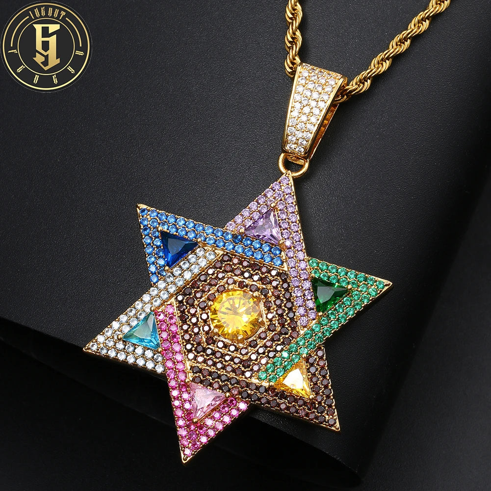 Fashion Multicolored Iced Out Zircon Hexagonal Star Pendant Hip Hop Copper Star Charm Necklace for Men Women