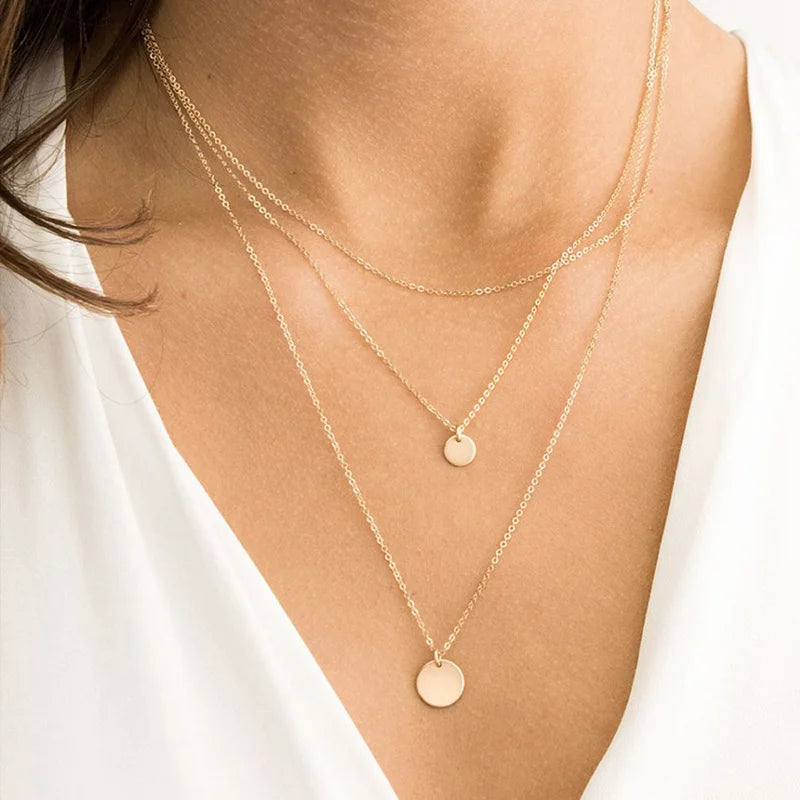 3 Pcs/set Link Chain Choker 6mm 9mm Round Pendant Stainless Steel Necklace Set for Women