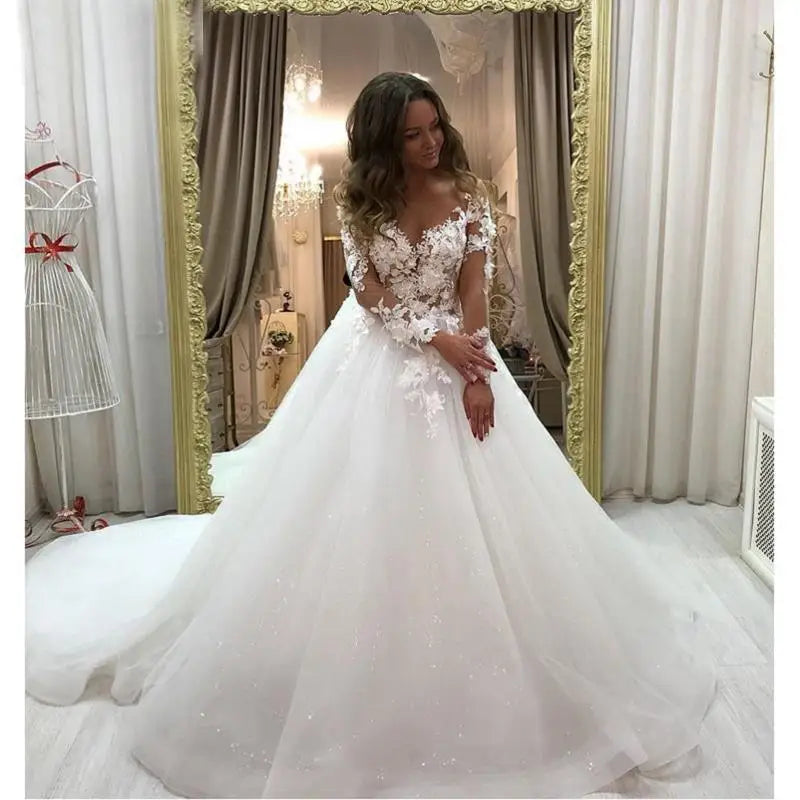 Luxurious Wedding Dresses White Tulle Organza Long Sleeves Floor-length Bridal Gowns Chapel Train Custom Made