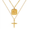 Fashion fine stainless steel layer chain necklace square charm cross pendant necklace